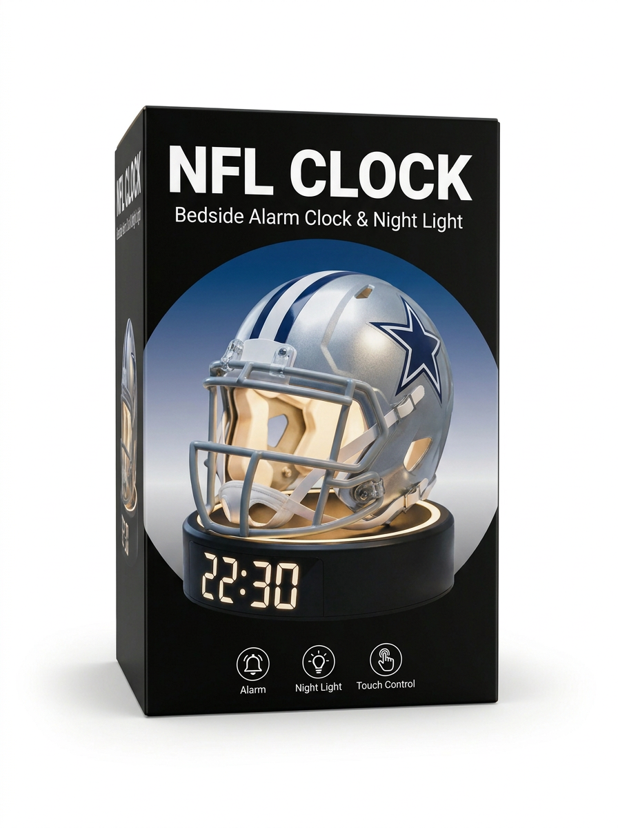 NFL Clock retail box showing the Cowboys helmet clock, with Alarm, Night Light and Touch Control icons