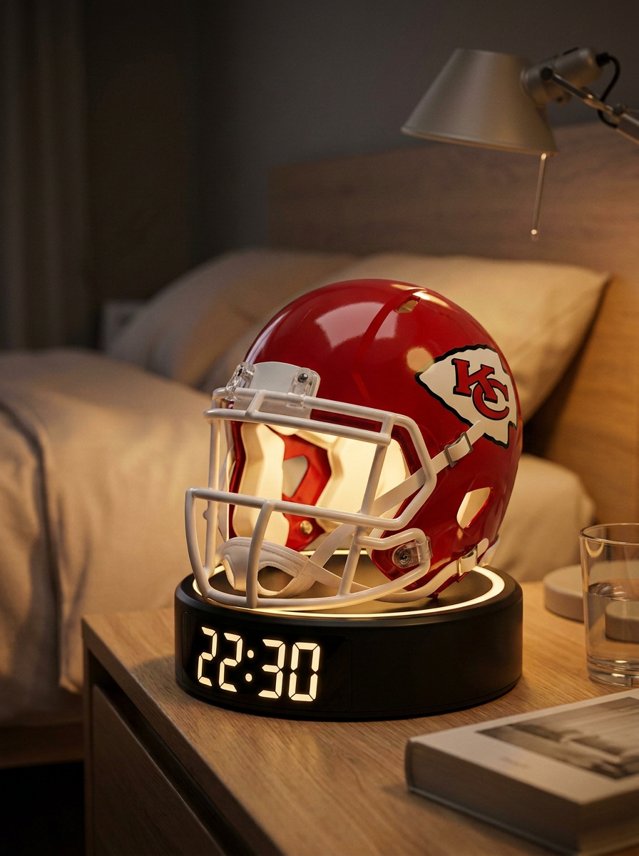 Kansas City Chiefs helmet alarm clock glowing on a bedside table