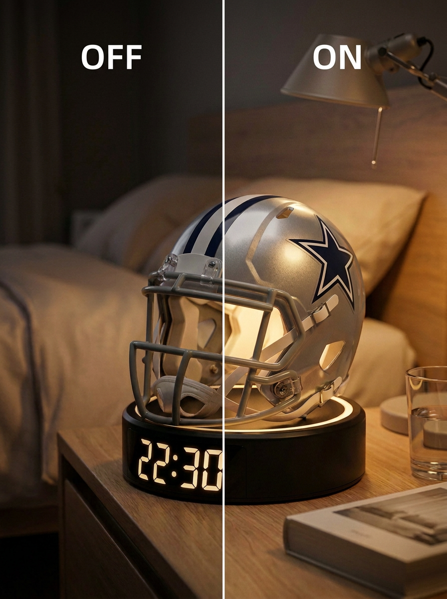 Dallas Cowboys helmet alarm clock on a nightstand, shown with the LED night light off and on